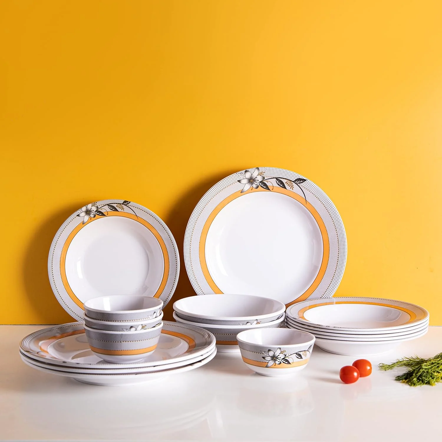 Royalford 20 pcs Melamine Ware Dinner Set, White With Orange, RF7437 - Image 2