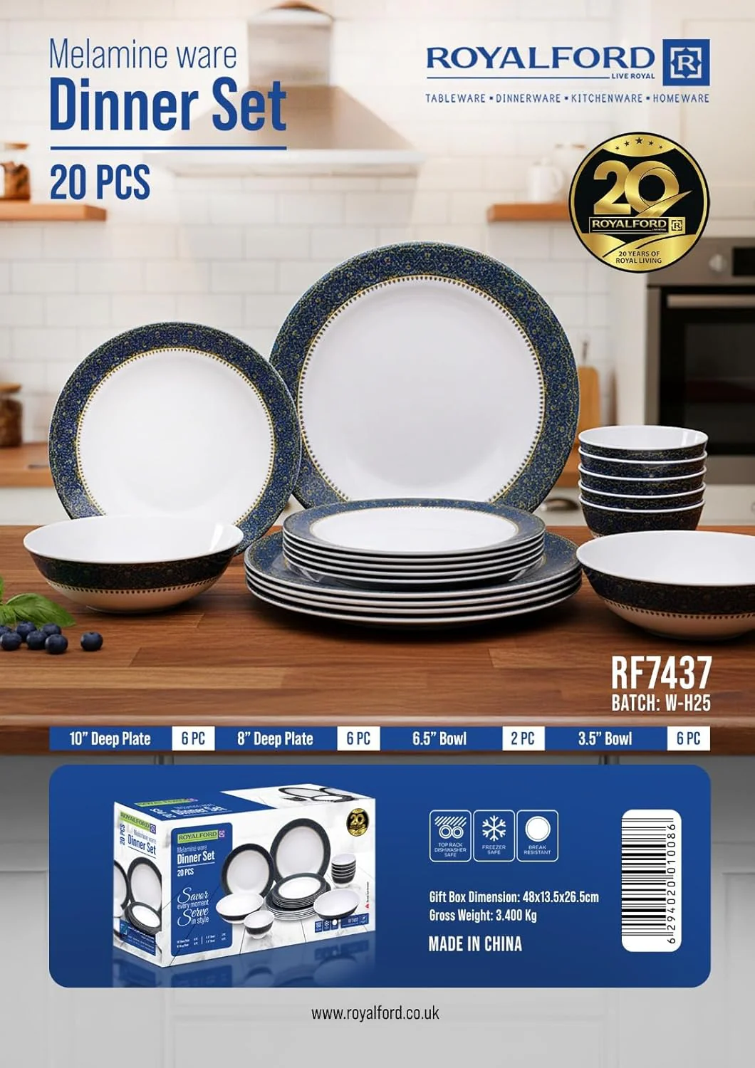Royalford 20-Piece Melamine Ware Dinner Set – RF7437 | Blue Mandala Design - Image 5