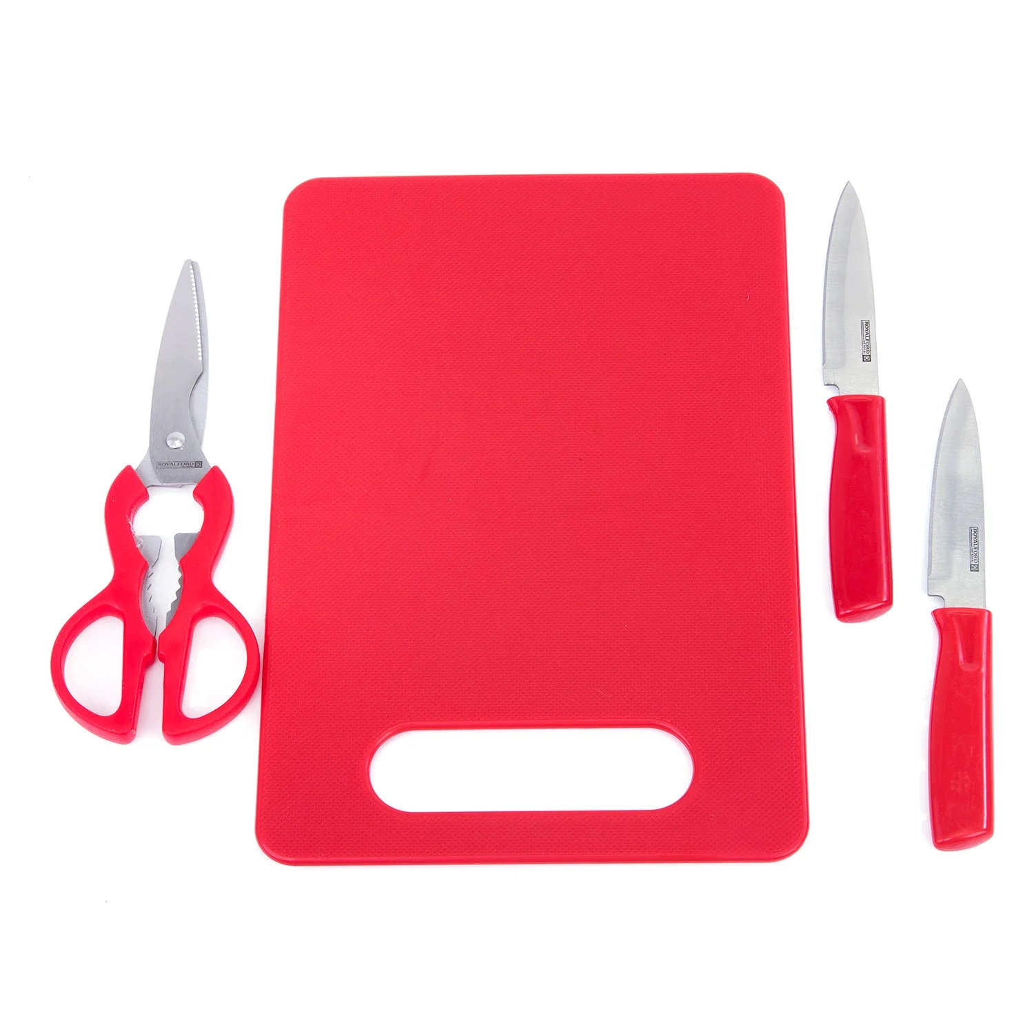 Royalford 4pcs kitchen Gadget Set Includes 2pcs Knife, 1Pc Scissor, 1pc Cutting Board, RF6968RD