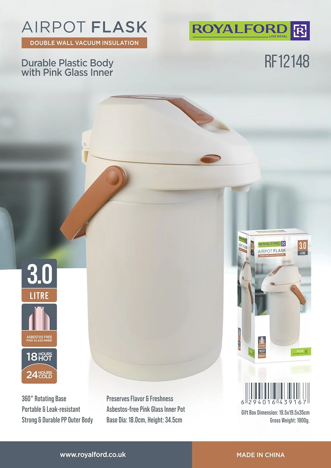 Royalford Airpot Vaccum Flask 3000ml, Double Wall Vaccum Insulation, 18Hrs Hot & 24Hrs Cold, Off White- RF12148 - Image 4