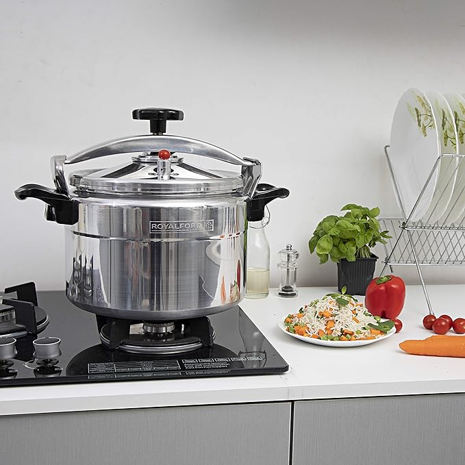 Royalford Aluminium Pressure Cooker – Lightweight & Durable Home Kitchen Pressure Cooker with Lid, Multi-Safety Device with Cool Touch Handles and Safety Valves – for Gas and Solid Hotplates (15L) - Image 3