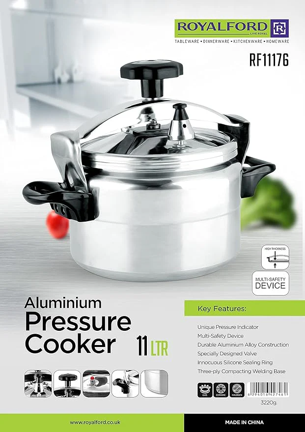 Royalford Aluminum Pressure Cooker- Equipped with Multi-Safety Device and Unique Indicator Durable Alloy Construction Firm Handles Compatible Gas Silver 11L, RF11176 - Image 5