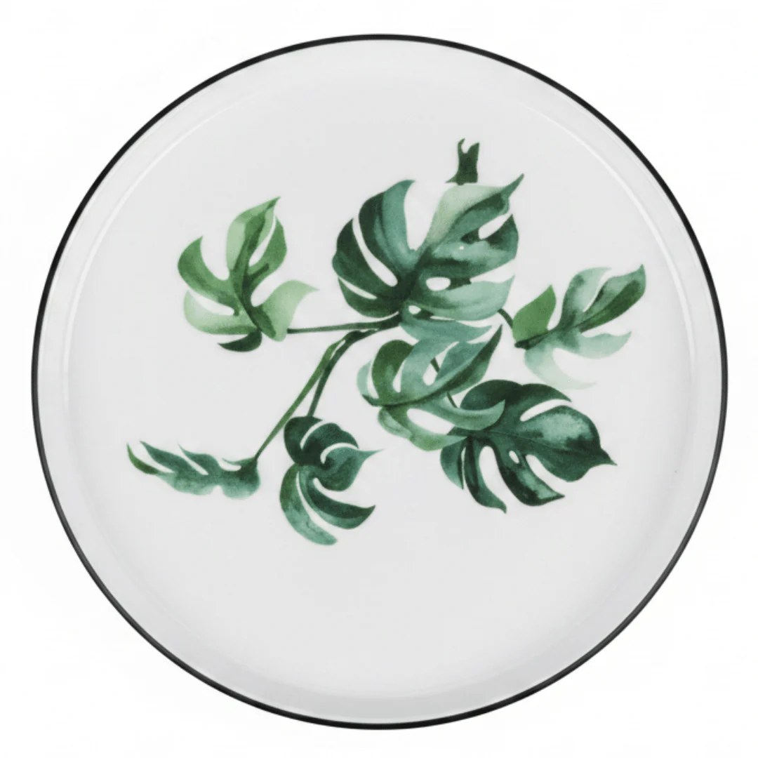 Royalford Melamine Salad Plate | Black Rim with Green Botanical Leaf Design 9-Inch