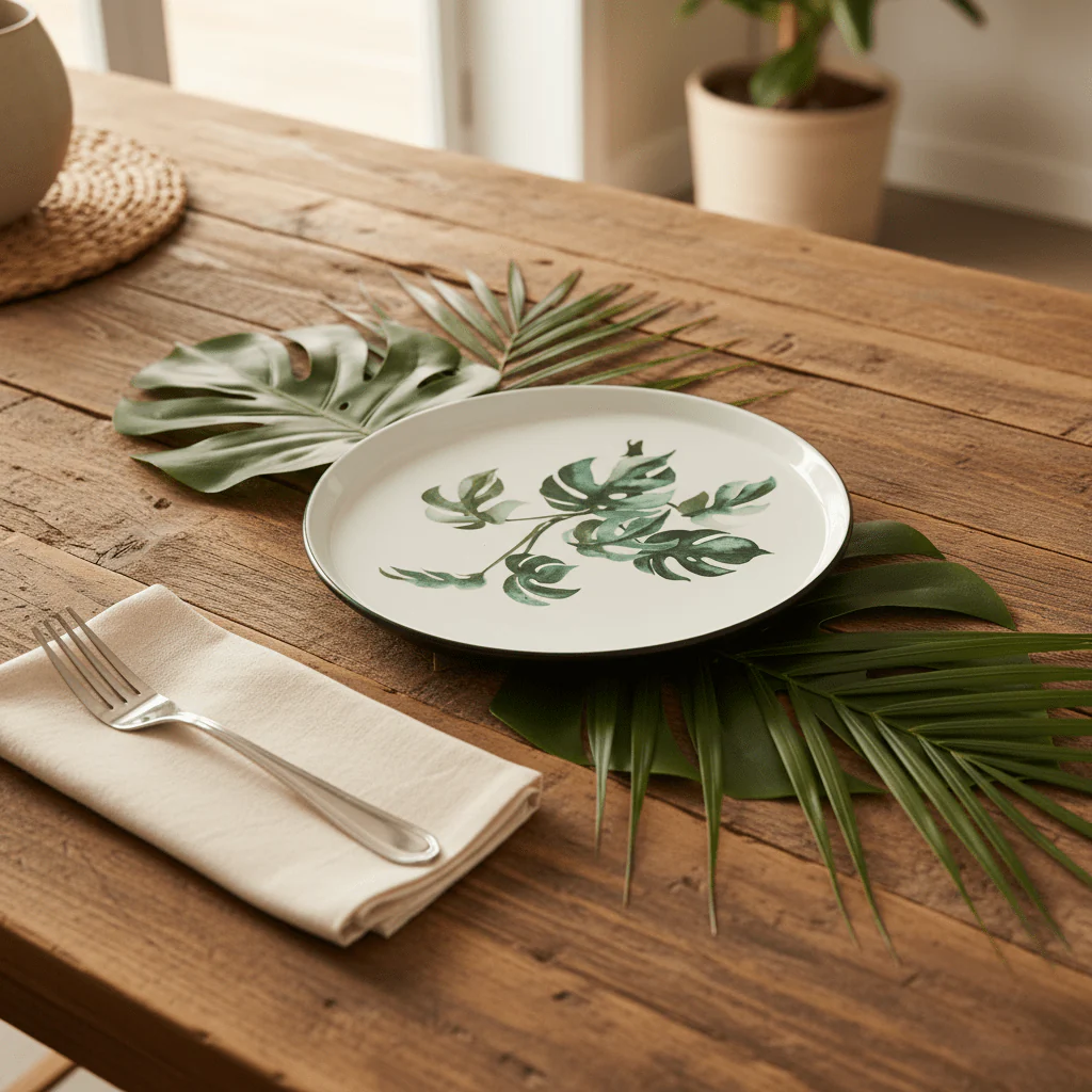 Royalford Melamine Salad Plate | Black Rim with Green Botanical Leaf Design 9-Inch - Image 2