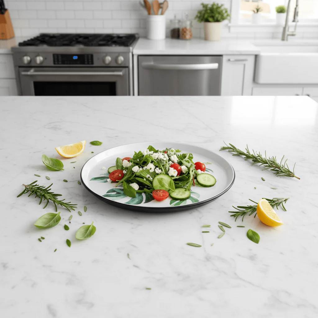 Royalford Melamine Salad Plate | Black Rim with Green Botanical Leaf Design 9-Inch - Image 3