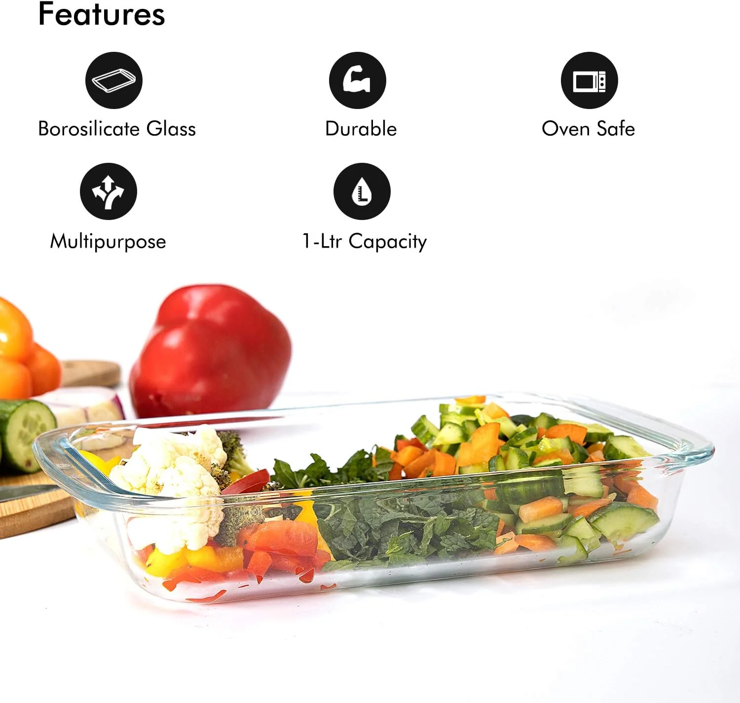ROYALFORD Borosilicate Glass Rectangular Baking Dish/Roaster 1 Liter, 25.8cm*15.2cm*4.4cm- RF 2693 - Image 2