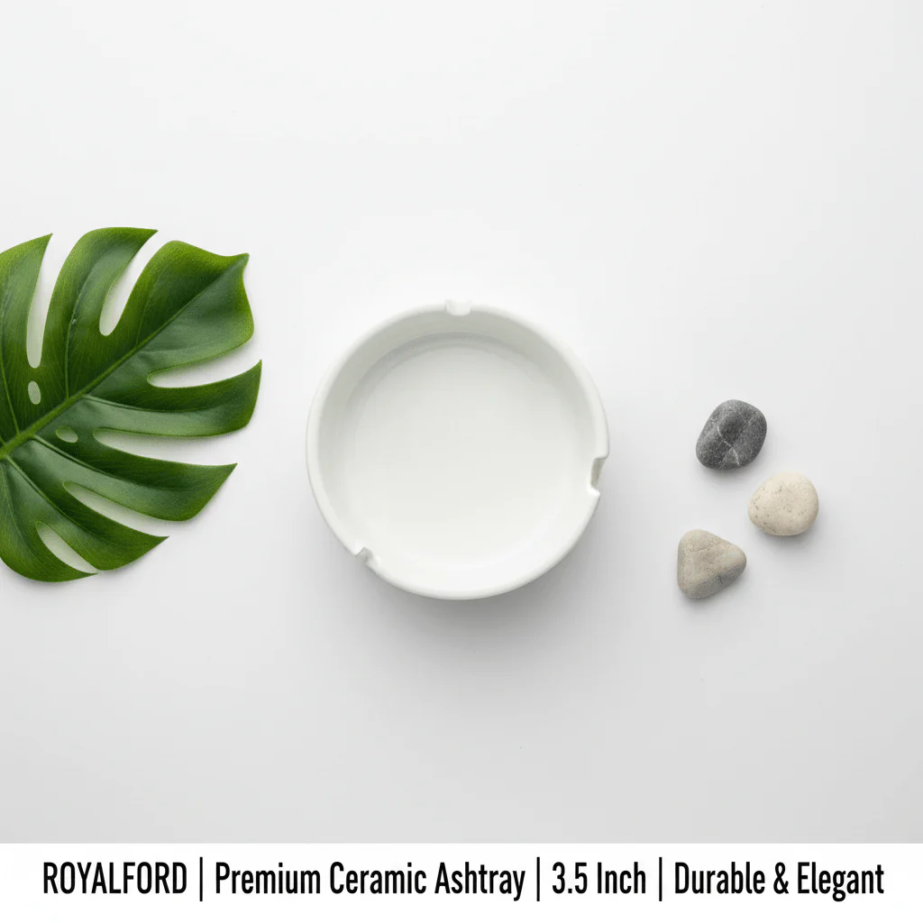 Royalford Premium Ceramic Ashtray – 3.5 Inch | White Round Tabletop Ashtray - Image 4