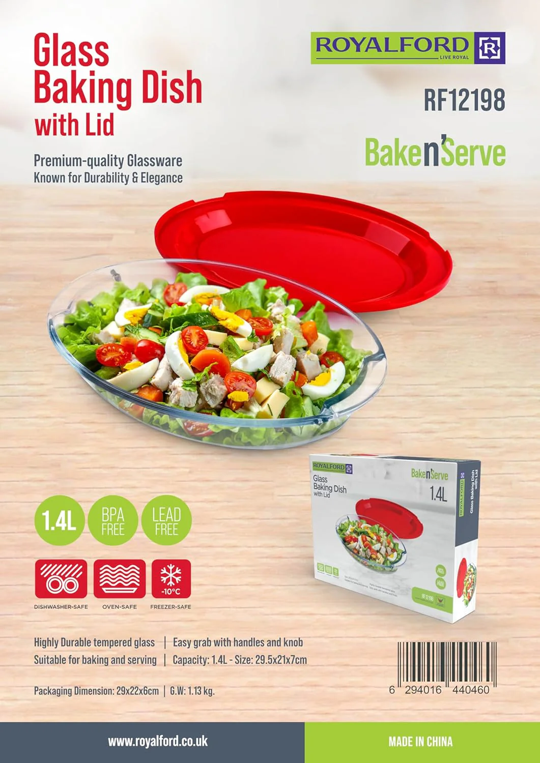 ROYALFORD Glass Baking Dish/Roaster with Lid 1.4 Liter, 29.5cm*21cm*7cm Oval Shape- RF 12198 - Image 2