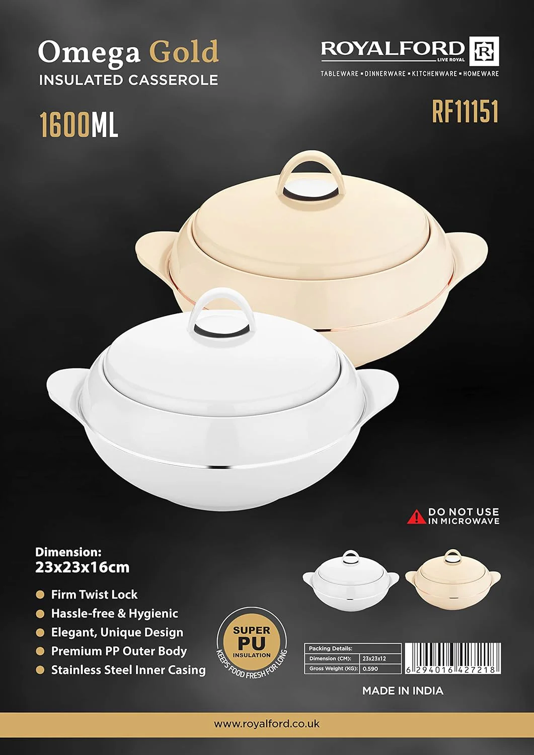 ROYALFORD Omega Gold Insulated Casserole 1600ml, Firm Twist Lock, White&Silver - Image 2