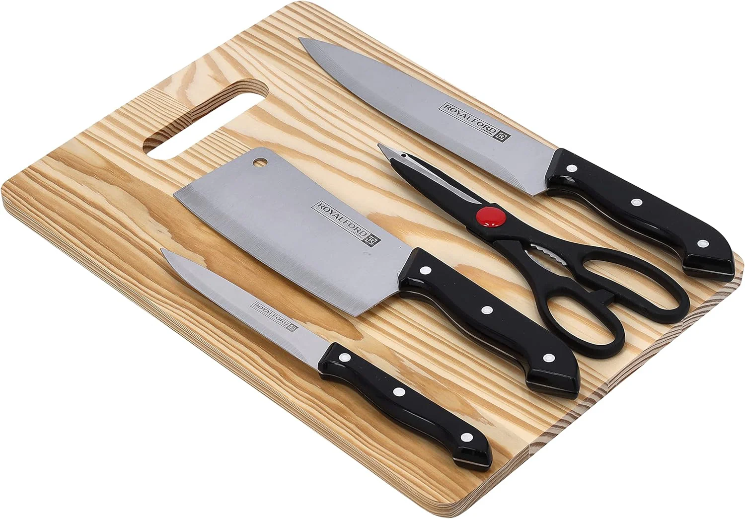 Royalford RF9946 5-Piece Deluxe Cutting Set - Stainless Steel Blades - Cleaver, Chef Knife, Utility Knife, Scissor & Cutting Board