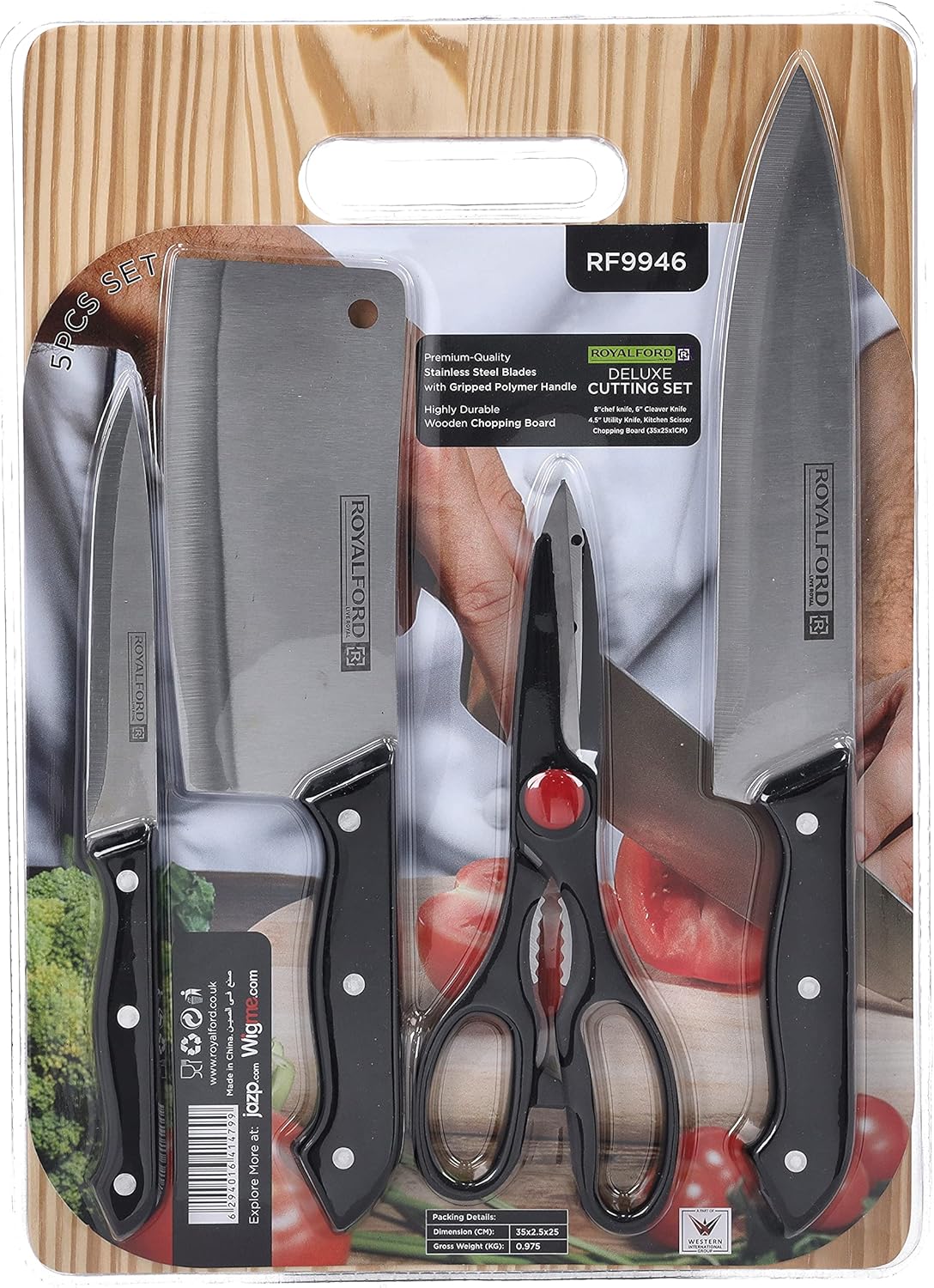 Royalford RF9946 5-Piece Deluxe Cutting Set - Stainless Steel Blades - Cleaver, Chef Knife, Utility Knife, Scissor & Cutting Board - Image 2
