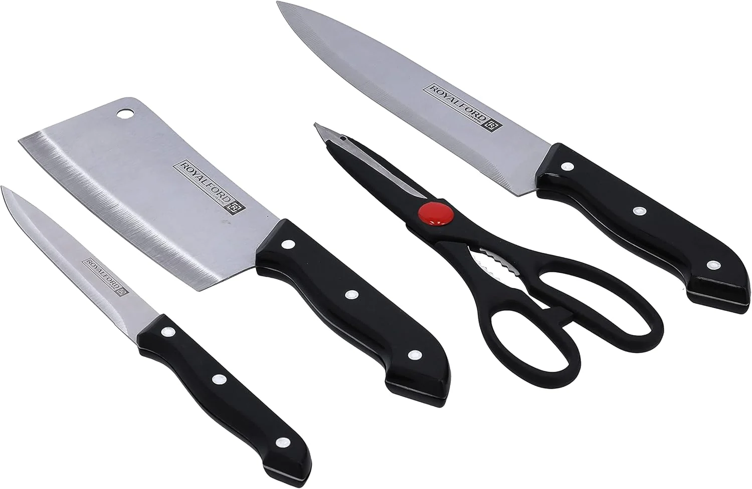 Royalford RF9946 5-Piece Deluxe Cutting Set - Stainless Steel Blades - Cleaver, Chef Knife, Utility Knife, Scissor & Cutting Board - Image 5