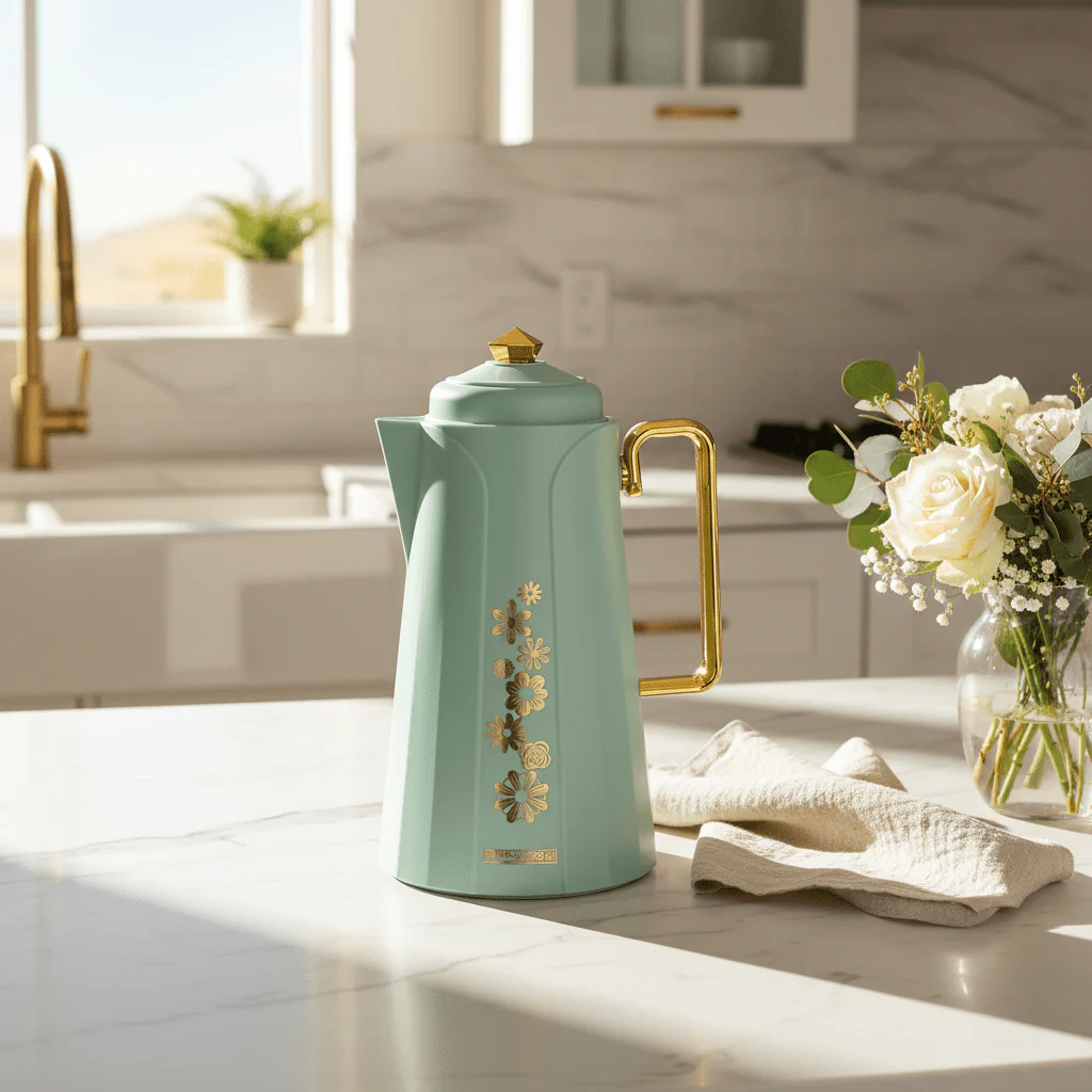 Royalford Vacuum Flask 1L – Dull Blue with Gold Floral - Image 3
