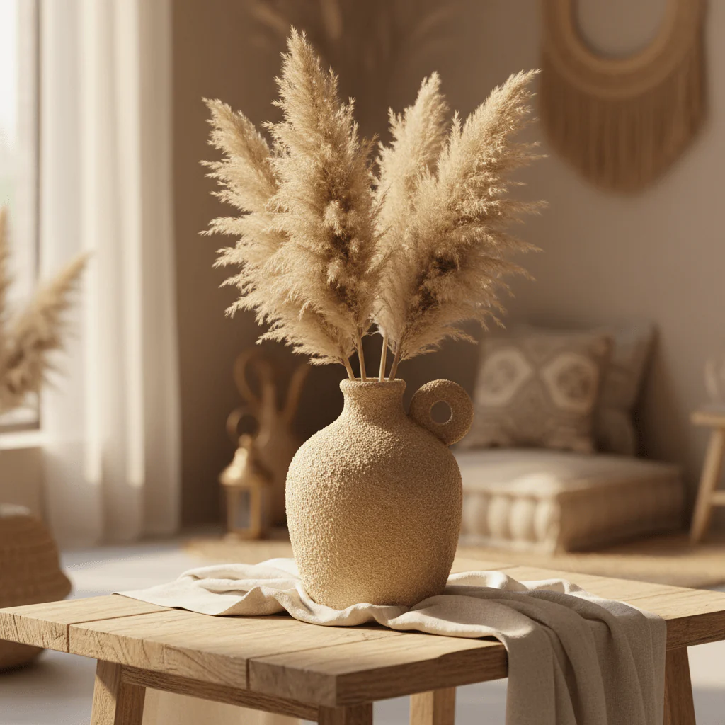 Rustic Textured Ceramic Vase 25cm | Sand-Grain Finish | Single Handle | Arabian Home Décor | Ideal for Dried Flowers & Pampas Grass - Image 2