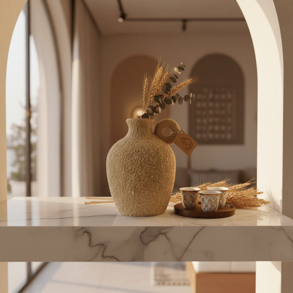 Rustic Textured Ceramic Vase 25cm | Sand-Grain Finish | Single Handle | Arabian Home Décor | Ideal for Dried Flowers & Pampas Grass - Image 3
