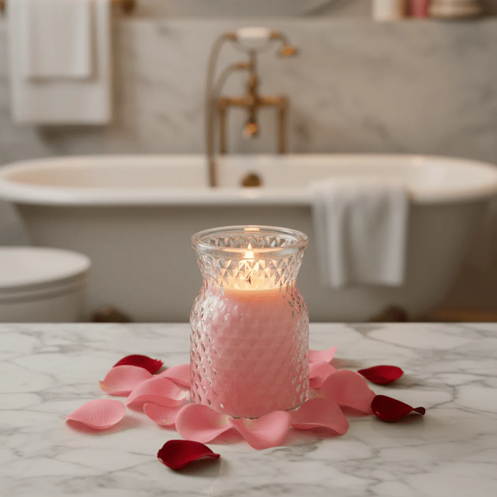 Sakha Rose Scented Candle in Diamond-Cut Glass Pot | 10×7cm - Image 2