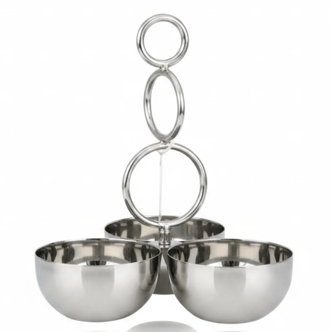 SBTC 3-Section Stainless Steel Candy Bowl with Handle for Organized Serving of Snacks & Dry Fruits – 9 × 9 × 22 cm