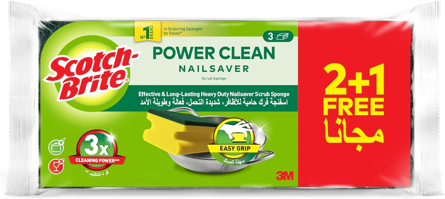 Scotch-Brite Power Clean Nail Saver Scrub Sponge, 3units (2+1 Free)/pack