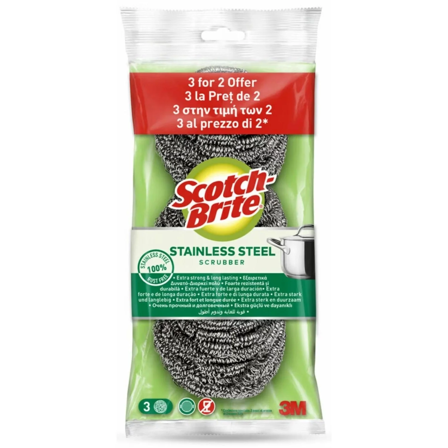 Scotch-Brite Stainless Steel Scrubber, Extra Strong & Long Lasting, 3units (2+1)/Pack