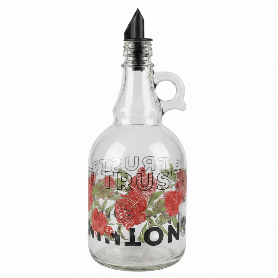 Selka Glass Oil Bottle 1 Ltr – Elegant Red Flower Design with Pour Spout