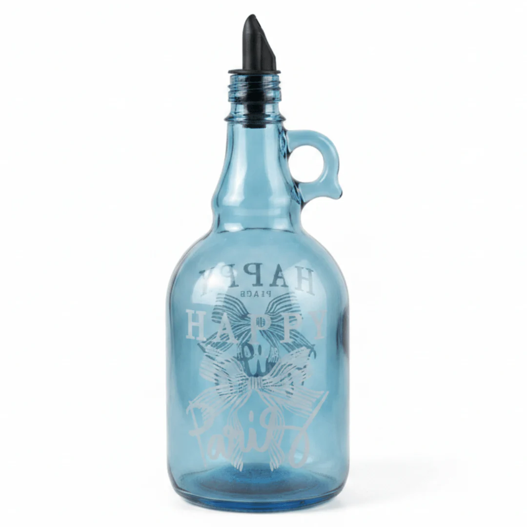 Selka Tinted Blue Glass Oil Bottle – 1 Litre | Elegant Etched Design with Pourer Spout
