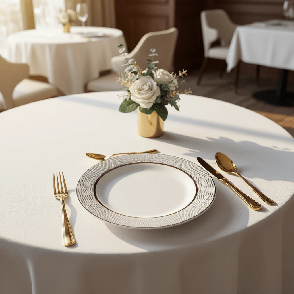Shallow White Ceramic Dessert Plate with Gold Rim & Dotted Design — 8 Inch - Image 2