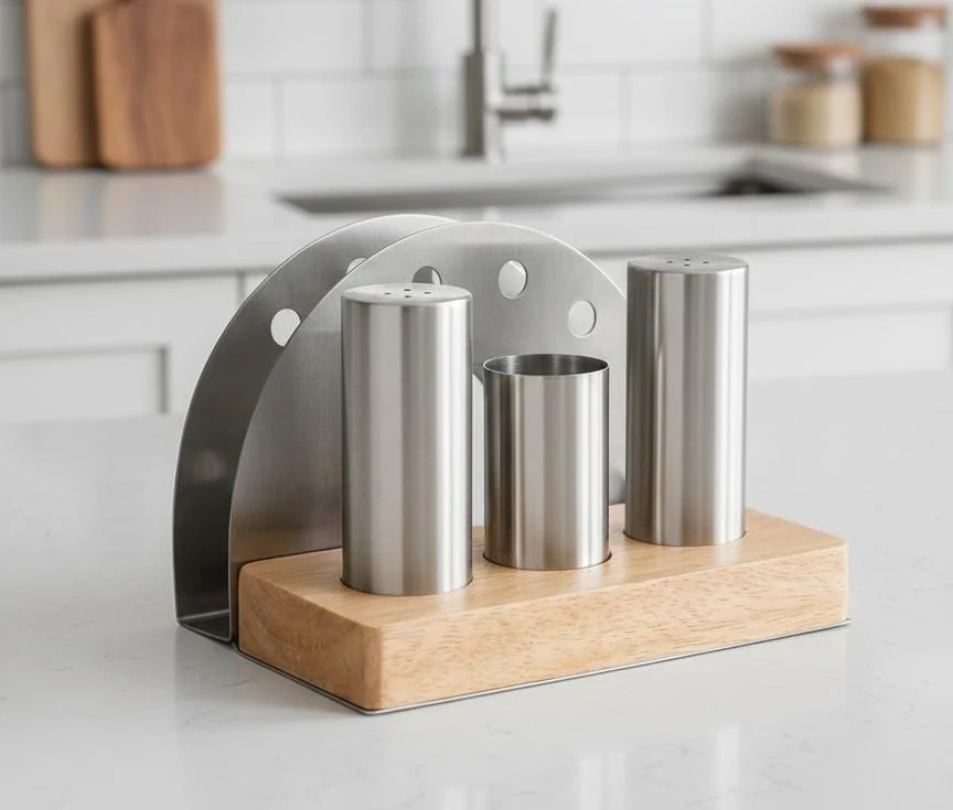 Shengya Luxury Stainless Steel Seasoning Set with Built-In Napkin Holder – Modern Tabletop Organizer - Image 2