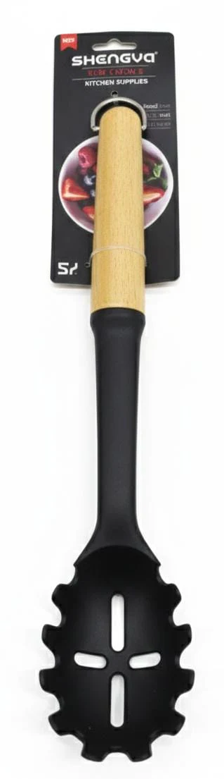 Shengya Non-Stick Silicone Spaghetti Server with Wooden Handle – Heat-Resistant & Scratch-Safe Kitchen Utensil (33 cm)