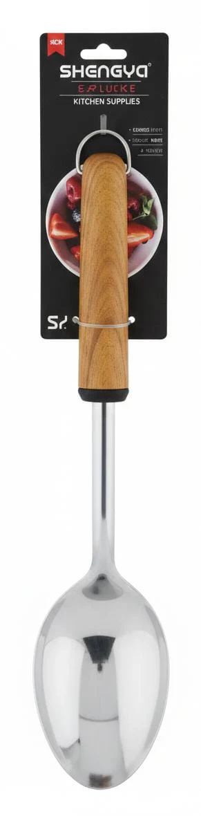 Shengya Stainless Steel Serving Spoon with Wooden Handle – Elegant & Practical Tableware Essential (33 cm)