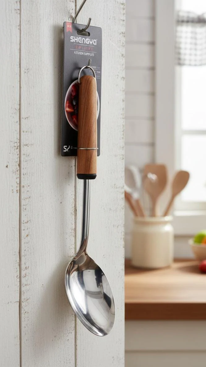 Shengya Stainless Steel Serving Spoon with Wooden Handle – Elegant & Practical Tableware Essential (33 cm) - Image 2