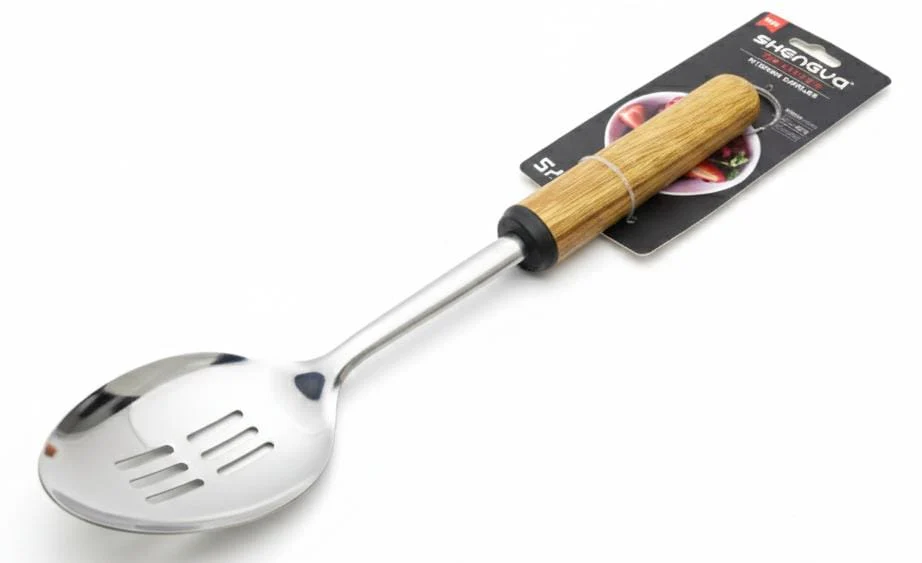 Shengya Stainless Steel Slotted Cooking Spoon with Wooden Handle – Durable, Rust-Resistant Serving Tool (33 cm)
