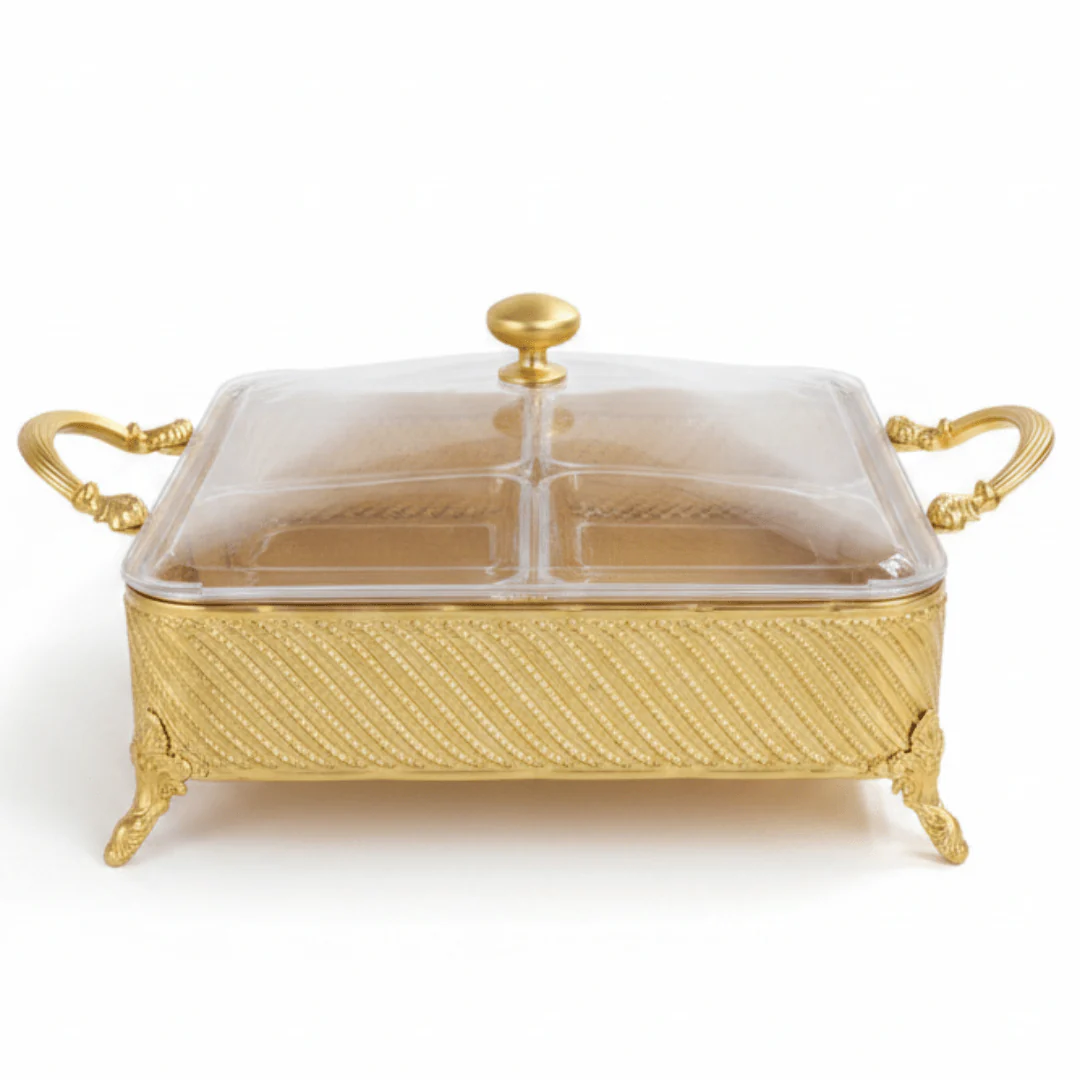 Silu 4-Section Acrylic Candy Organizer with Square Gold Metal Holder – Stylish Storage Box for Snacks & Sweets – 28 × 9.5 cm