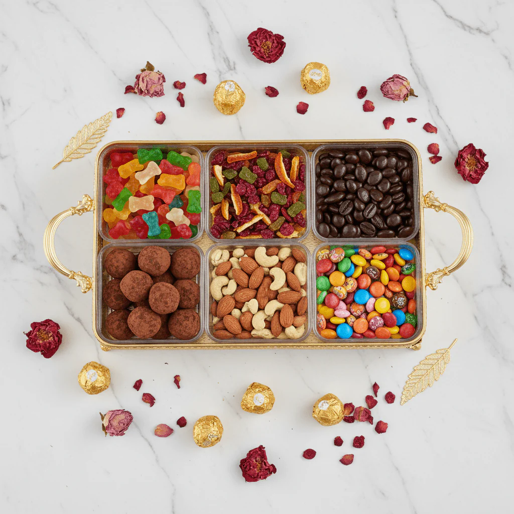 Silu 6-Section Acrylic Candy Display Box with Gold Metal Holder – Elegant Organizer for Dry Fruits, Nuts & Chocolates – 35 × 28 cm - Image 3