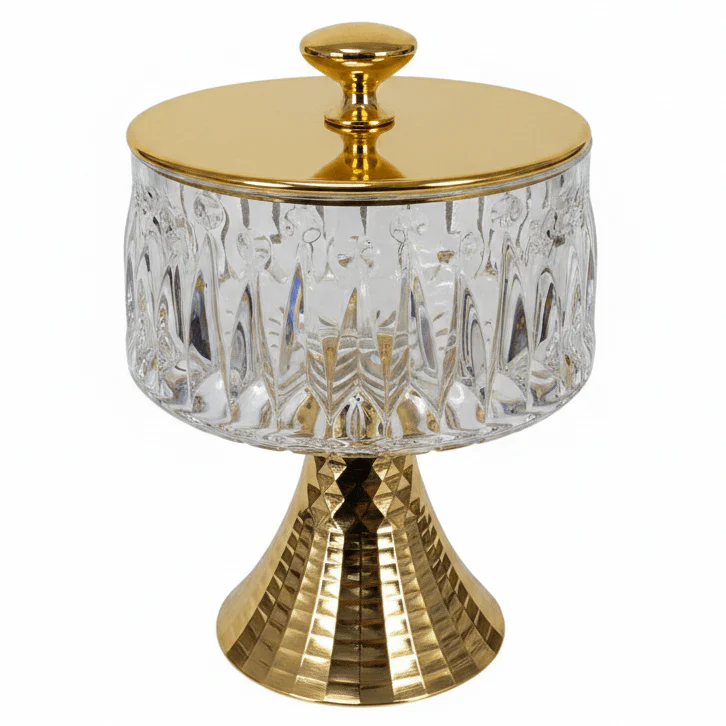 Silu Metal Footed Acrylic Elegant Candy Jar with Gold Lid Decorative Serving and Storage Container 17 × 12 cm