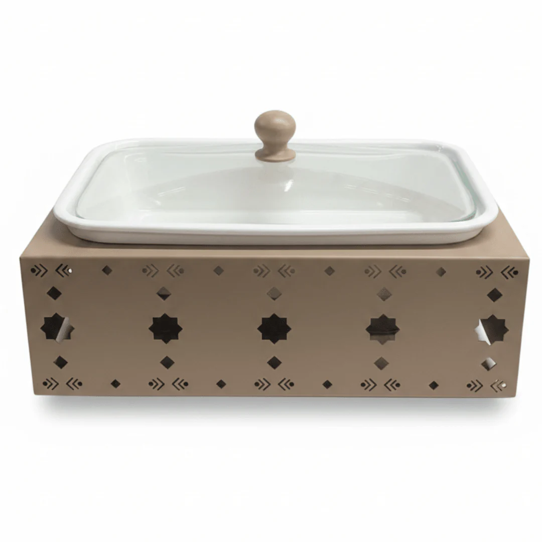 Silu Premium White Rectangular Ceramic Serving Tray Dish with Taupe Metal Stand and Heat-Resistant Glass Lid for Serving and Dining (32 × 20 cm)