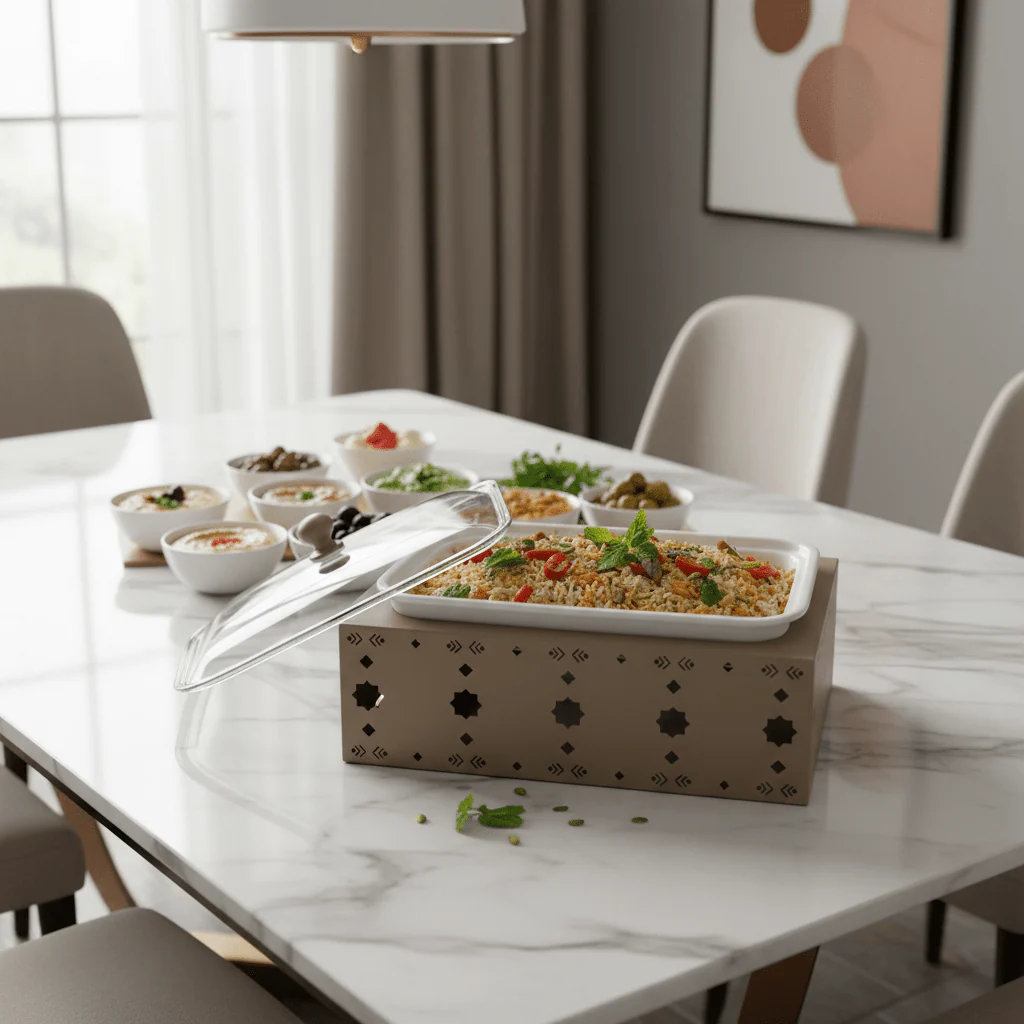 Silu Premium White Rectangular Ceramic Serving Tray Dish with Taupe Metal Stand and Heat-Resistant Glass Lid for Serving and Dining (32 × 20 cm) - Image 2