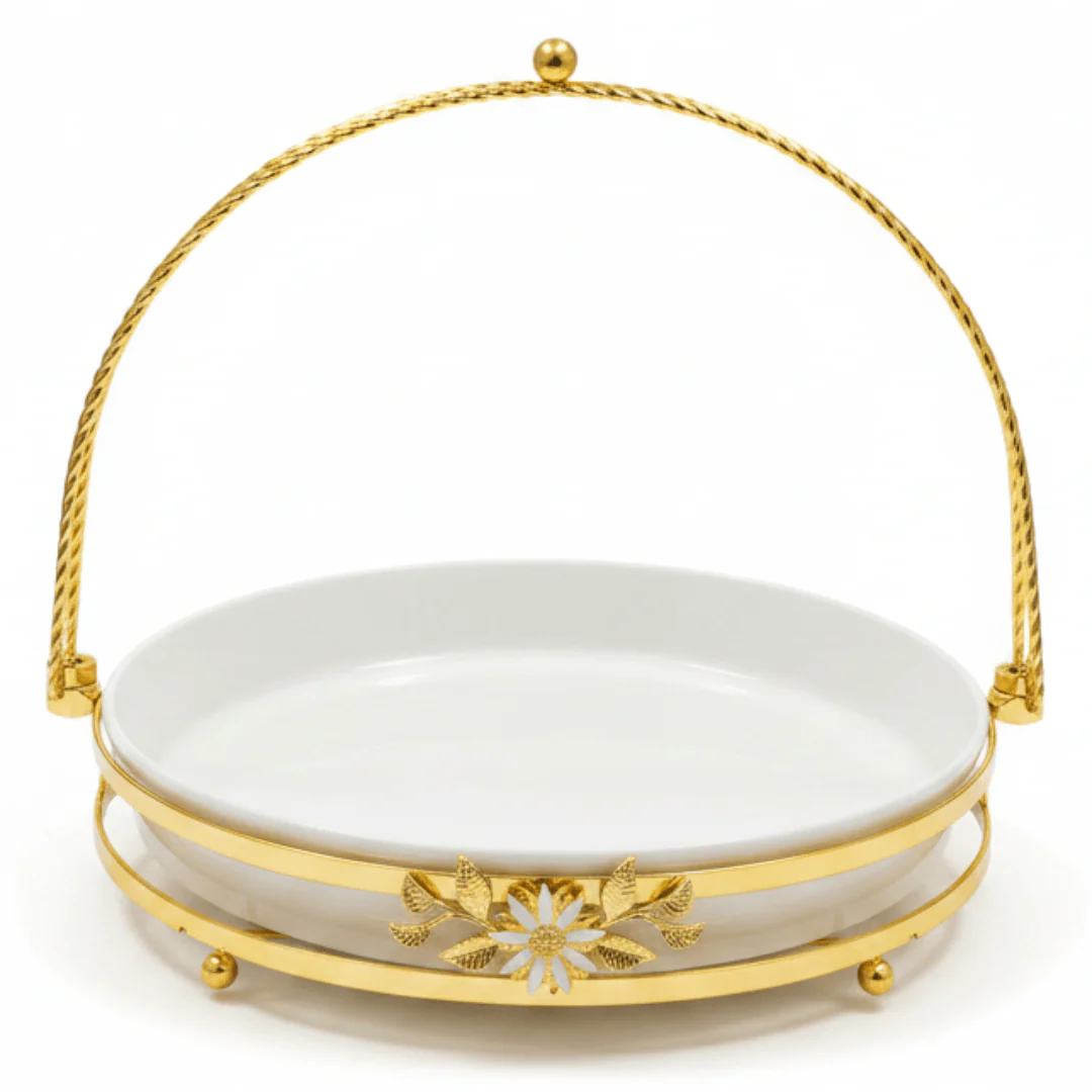 Silu White Ceramic Round Serving Tray with Ornate Golden Metal Base & Arched Handle – 10 Inch