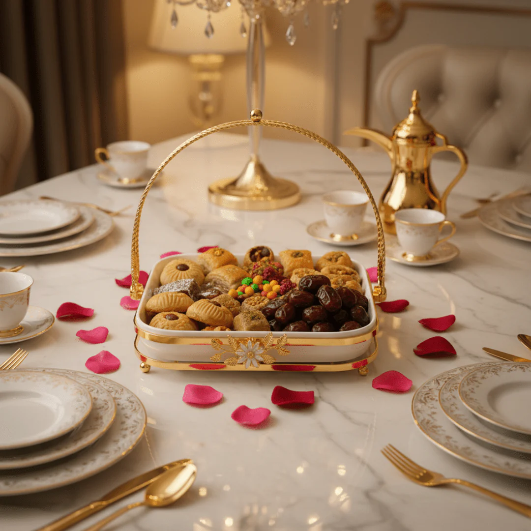 Silu White Ceramic Square Serving Tray with Ornate Golden Metal Arch Handle & Lotus Base — 10 Inch - Image 2