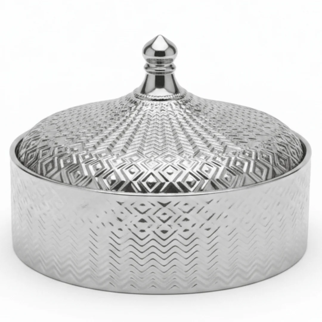 Luxury Ceramic Candy Bowl with Lid | Embossed Geometric Design | 23×7.5 cm | Gold & White,Silver & White |