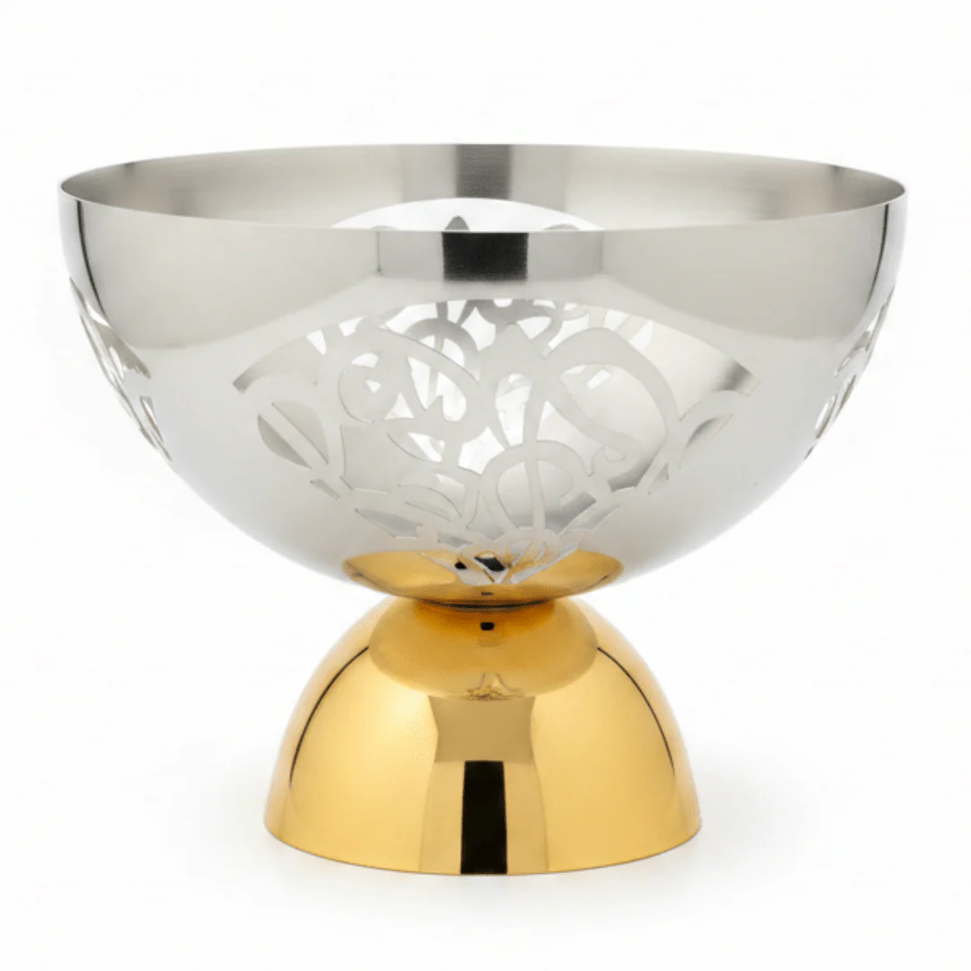 Silver & Gold Stainless Steel Footed Candy Bowl | 25×20cm | Etched Floral Design
