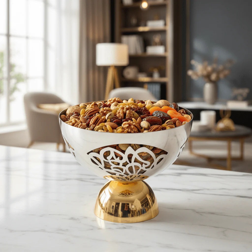 Silver & Gold Stainless Steel Footed Candy Bowl | 25×20cm | Etched Floral Design - Image 3