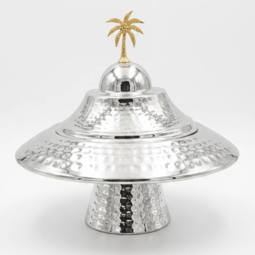 Silver Hammered Metal Footed Round Dates Bowl with Elegant Wide-Brim Lid & Gold Palm Tree Finial — 22×12 cm