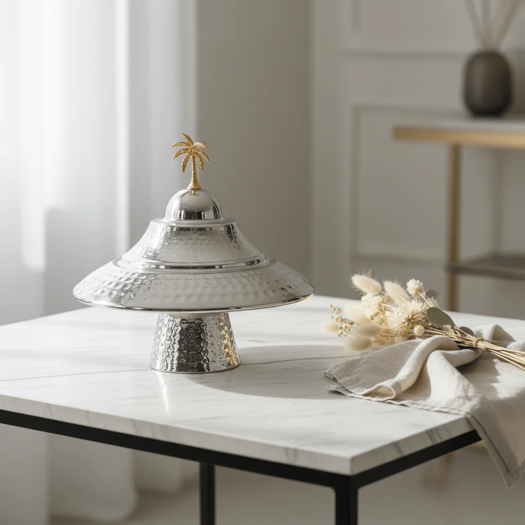Silver Hammered Metal Footed Round Dates Bowl with Elegant Wide-Brim Lid & Gold Palm Tree Finial — 22×12 cm - Image 3