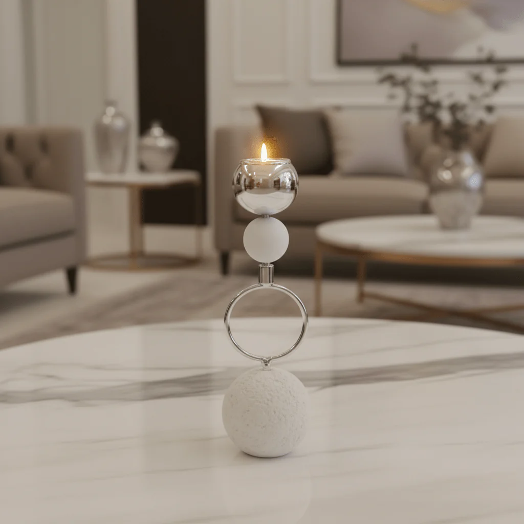 Silver Metal Candle Holder with Round Chalk Base – 20cm - Image 2