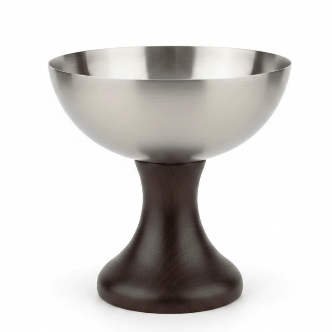 Silver Metal & Dark Wood Footed Dessert Cup | Elegant Pedestal Serving Bowl | 10×10 cm |