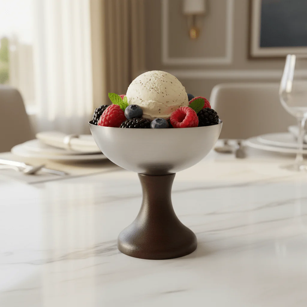 Silver Metal & Dark Wood Footed Dessert Cup | Elegant Pedestal Serving Bowl | 10×10 cm | - Image 2
