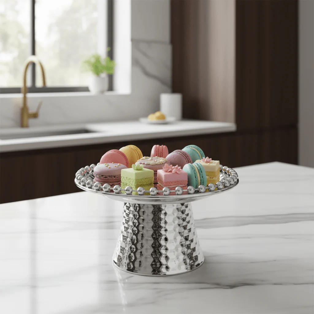 Silver Metal Footed Round Candy & Dates Tray with Beaded Rim | Hammered Pedestal Serving Dish | - Image 2
