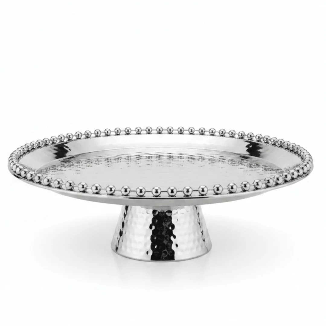Silver Metal Footed Round Candy & Dates Tray with Beaded Rim | Hammered Pedestal Serving Dish | - Image 4