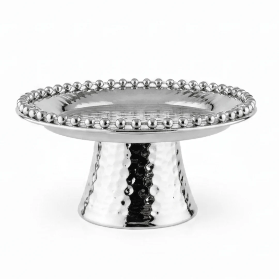 Silver Metal Footed Round Candy & Dates Tray with Beaded Rim | Hammered Pedestal Serving Dish | - Image 5
