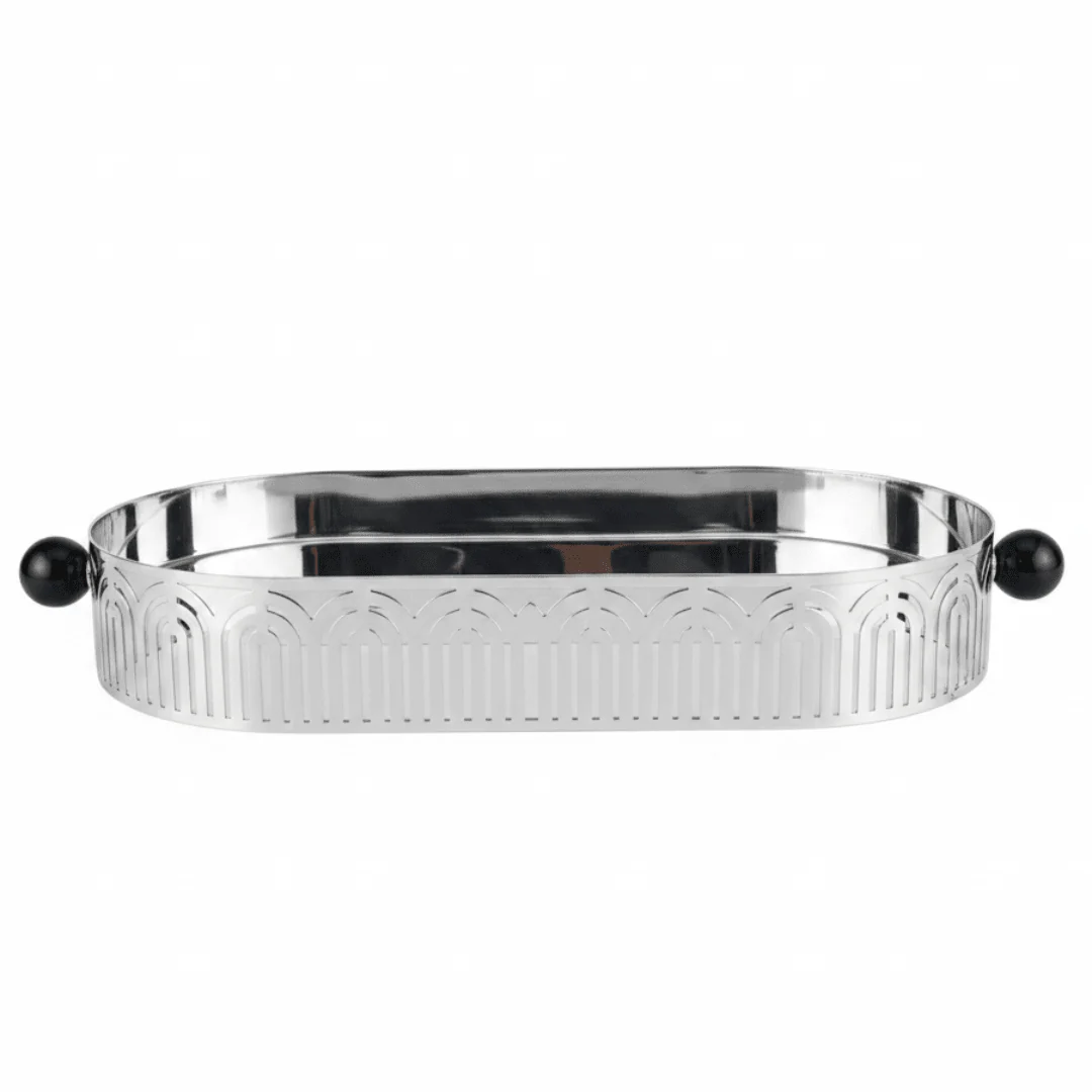 Silver Metal Oval Candy & Serving Tray with Elegant Black Handles | Ornate Arch Cutout Design | 30×15cm |